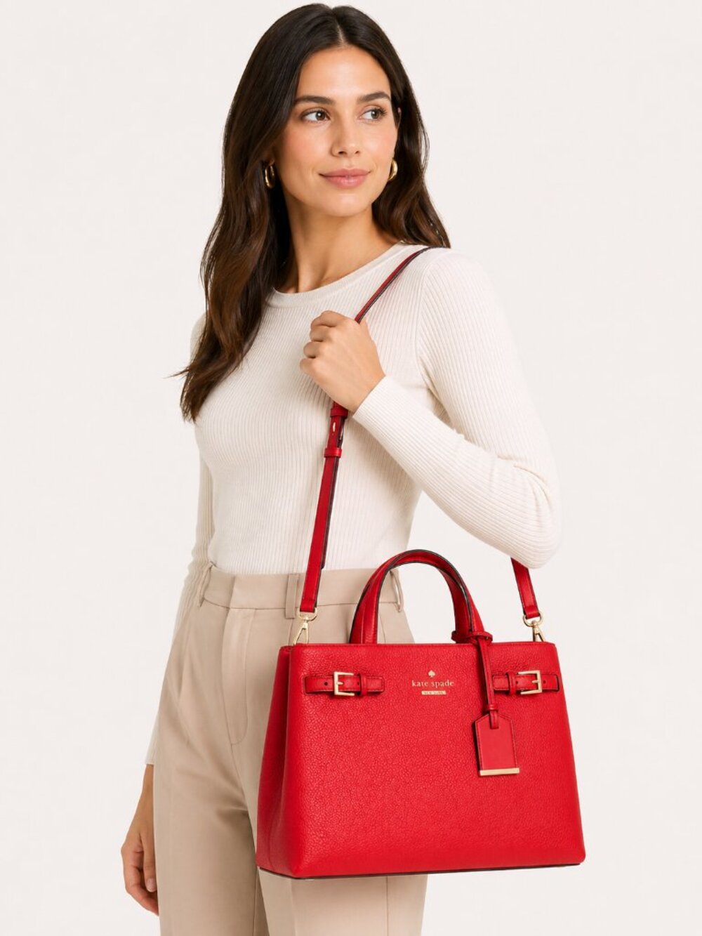 Red Leather Satchel Bag | Structured Top Handle Tote Crossbody Medium Size Gold - Picture 2 of 7